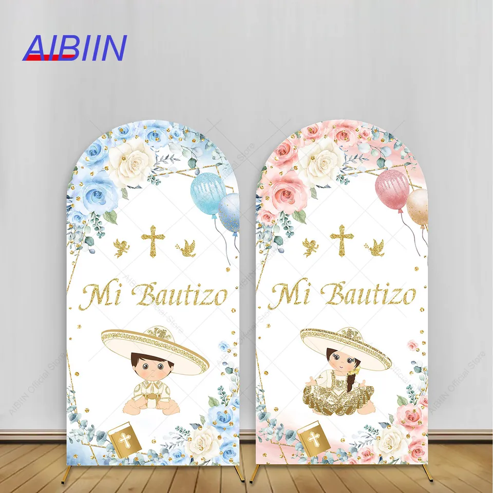 Mi Bautizo Arch Contrace Cover Cover Zlatý kríž ružové modré kvety Mexický charro detský krst prvé spoločenské večierky Decor