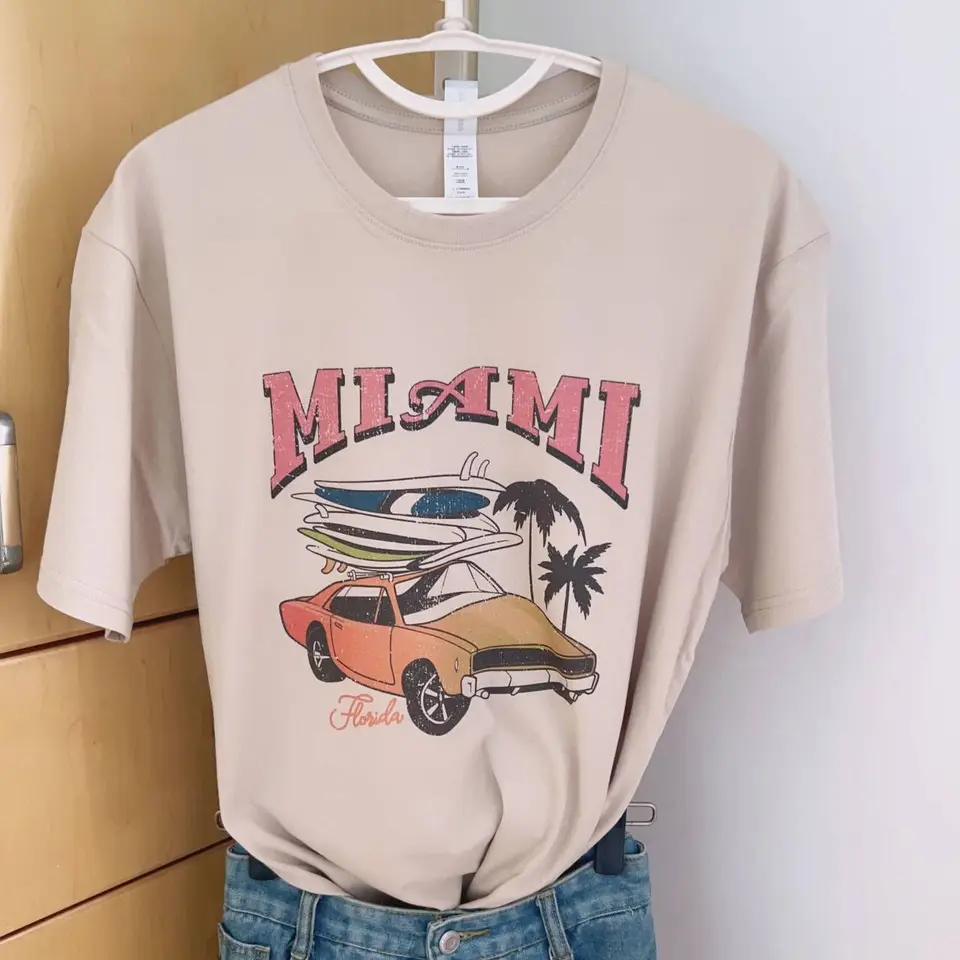 Miami Car Tees Summer roztomilý boho štýl dámske topy vintage tričko femme s krátkym rukávom grafické tričká dámske oblečenie