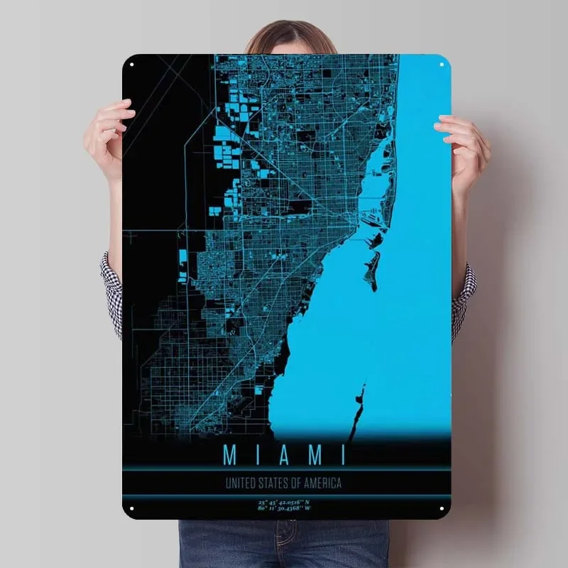 Miami Florida USA Tinplate Map Sign Wall Art Decor Gamer Room Ozdoby Retro kovové znamenie pre bar kaviareň na stenu dekorácie