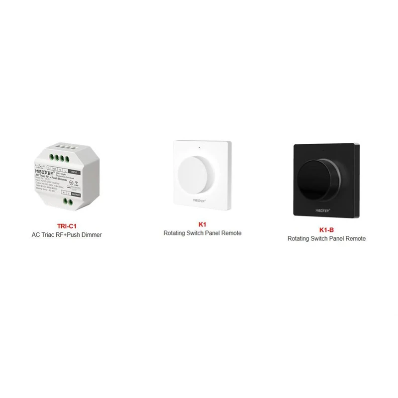 Miboxer Tri-C1 110V-220V AC TRIAC RF + Zatlačte bezdrôtové stlačenie stlačenia K1 Rotačný spínač Diaľkový ovládač pre jednofarebné svetlá