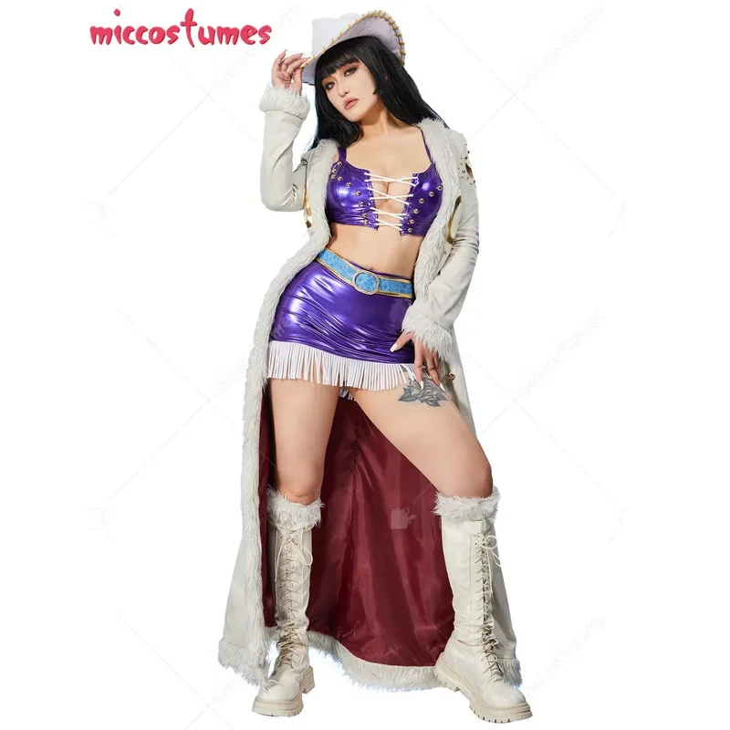 Miccostumes Dámsky anime Robin Cosplay kostým podprsenka a minisukňa s dlhým kabátom a klobúkom