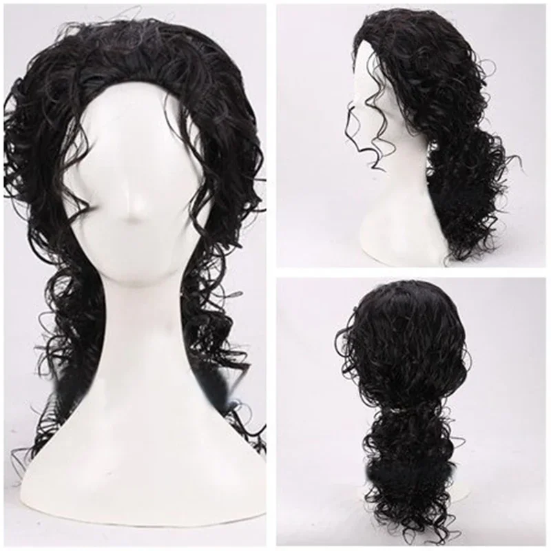 Michael Jackson Cosplay čierna parochňa Michael rola hrať stredne dlhé kučeravé čierne vlasy Pigtail parochňa Halloween cos parochne