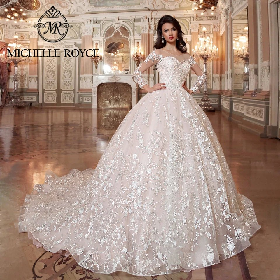 Michelle Royce Ball Gown Luxusné svadobné šaty pre ženy miláčik dlhé rukávy Aplikácie Lace Up Svadobné šaty Vestidos de Novia