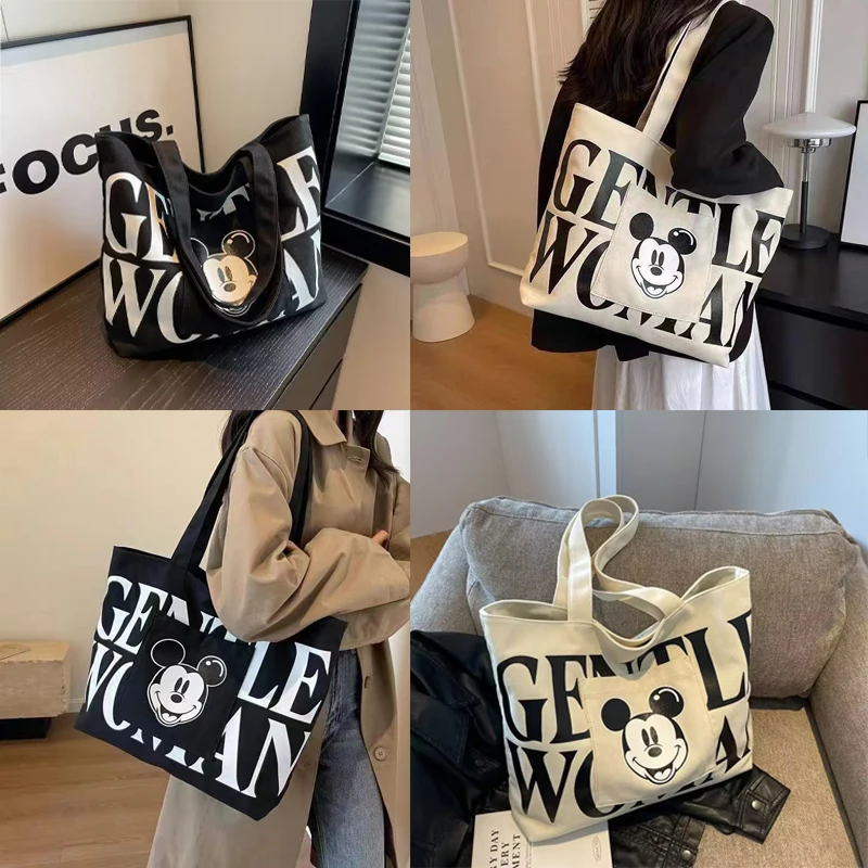 Mickey Mouse Canvas Bag Anime Girl Disney Letter Ramery Bags Vysoko kapacita prenosná taška Tote Fashion Simple Wholesale