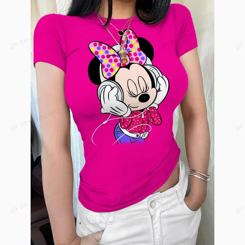 Mickey Mouse Dámska dámska posádka krku s krátkym rukávom Tops s dvojitým lemovaným štíhlym fit tričká Basic Tee Smoke Cloud Pro Zbierka