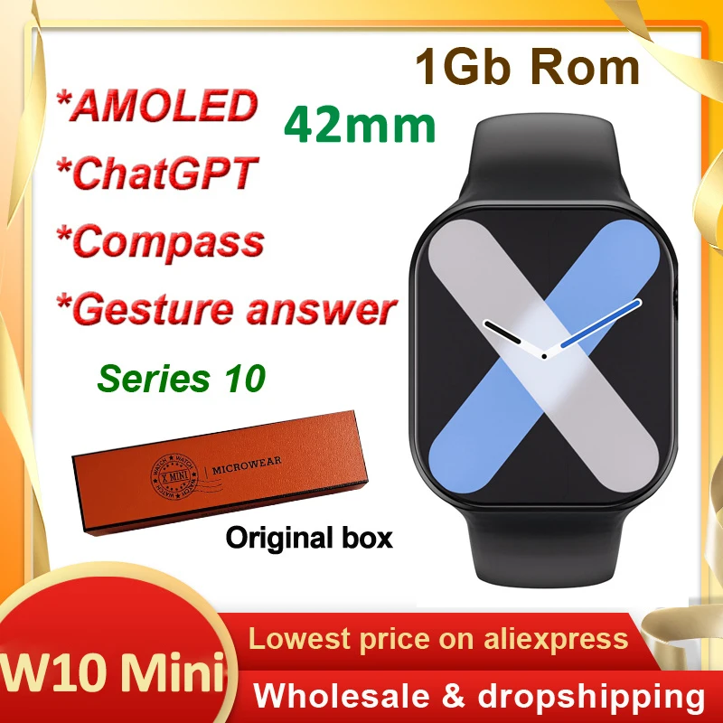Microwear W10 Mini Amoled Smart Watch Watch X Series 10 Chatgpt 1 GB ROM 42 mm Compass NFC W10 Pro Mini Smartwatch Men Ženy