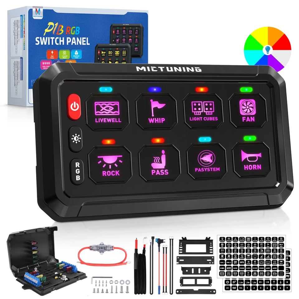 Mictuning Nový P1B RGB 5 palcov 8 palcov gangov, prepínač momentáru bleskového blesku pulzovaného spínacieho spínača pre nákladné vozidlo RV Offroad Marine