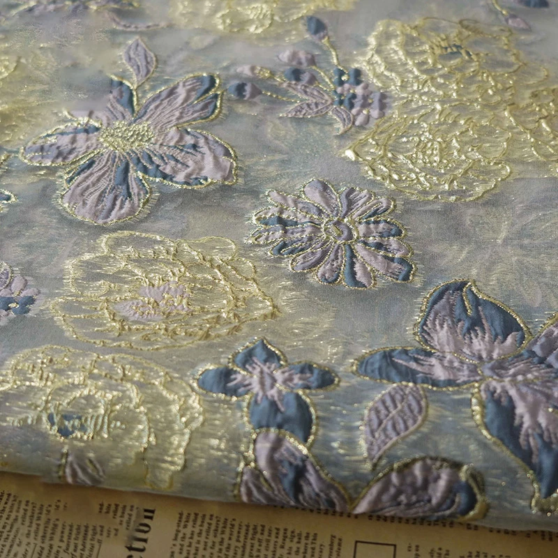 Mierne priehľadná zlatá hodvábna priadza zafarbená jacquard látka Spring letné leto Elegantné kvetinové šaty šijacia tkanina 50cmx143cm