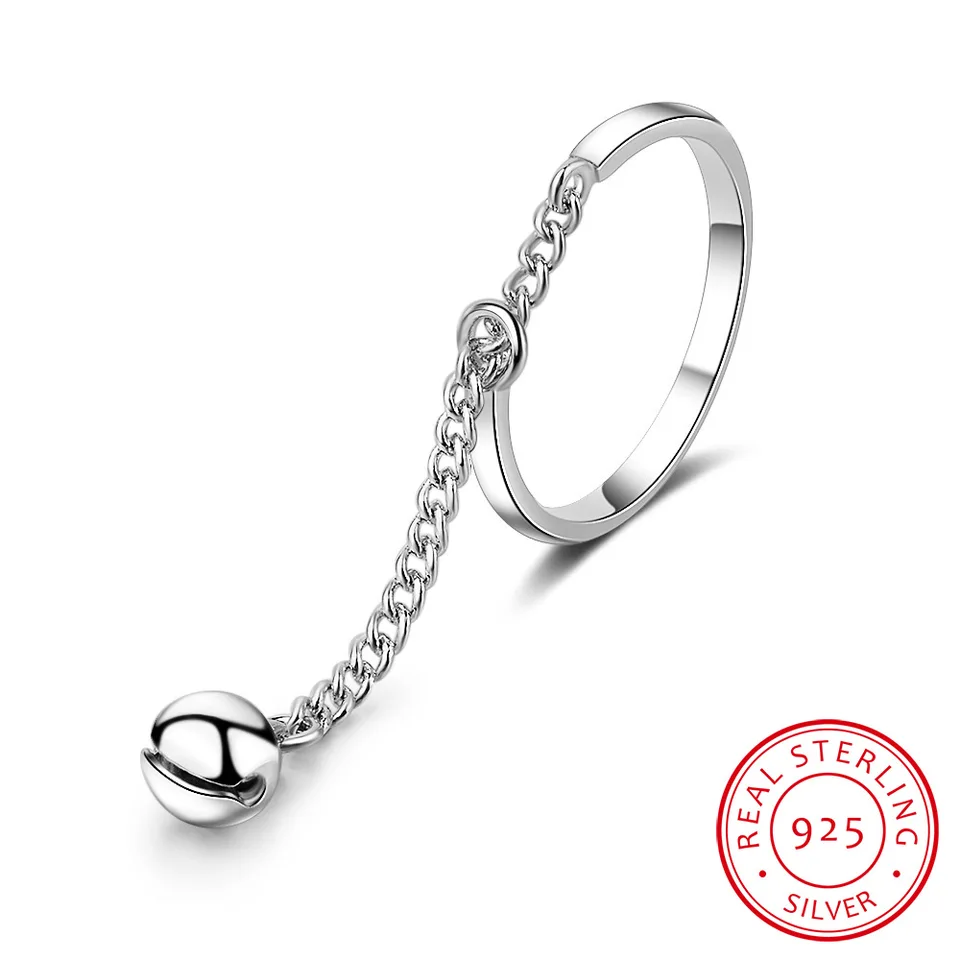 Mikro zirkón Tassel reťazec Jingling Bell Nastaviteľný prstene pre ženy 925 Sterling Silver Rings Anillos Bague S-R334
