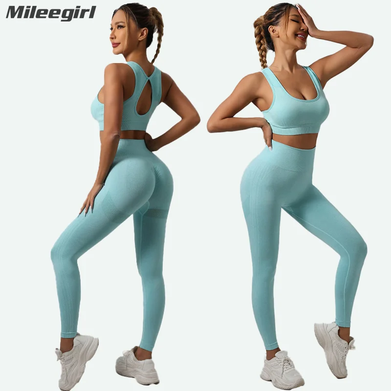 Mileegirl Hollow Back Yoga podprsenka pre ženy, 2ks bezšvové športové nohavice, súpravy s vysokým pásom Fitness God Gygging Priečinky