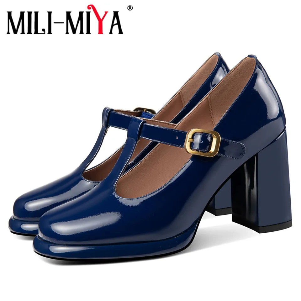 Mili-miya Classic Mary Janes topánky Dámske kravské kožené čerpadlá okrúhle prsty na prstový remienok Hrubé podpätky veľké veľkosti