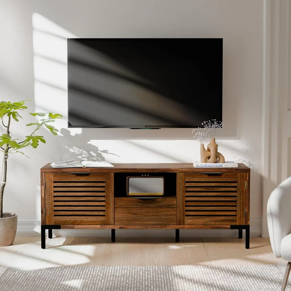 Millie Solid Wood TV stojan pre televízory až do 65 palcov, moderný statok TV s rustikálnym šarmom, televízne stojany pre obývaciu izbu