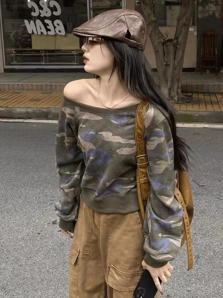 Mimo ramena camouflag harajuku orezaná mikina uvoľnená streetwear grunge mikiny vintage y2k mikiny Ženy Kórejské trendy