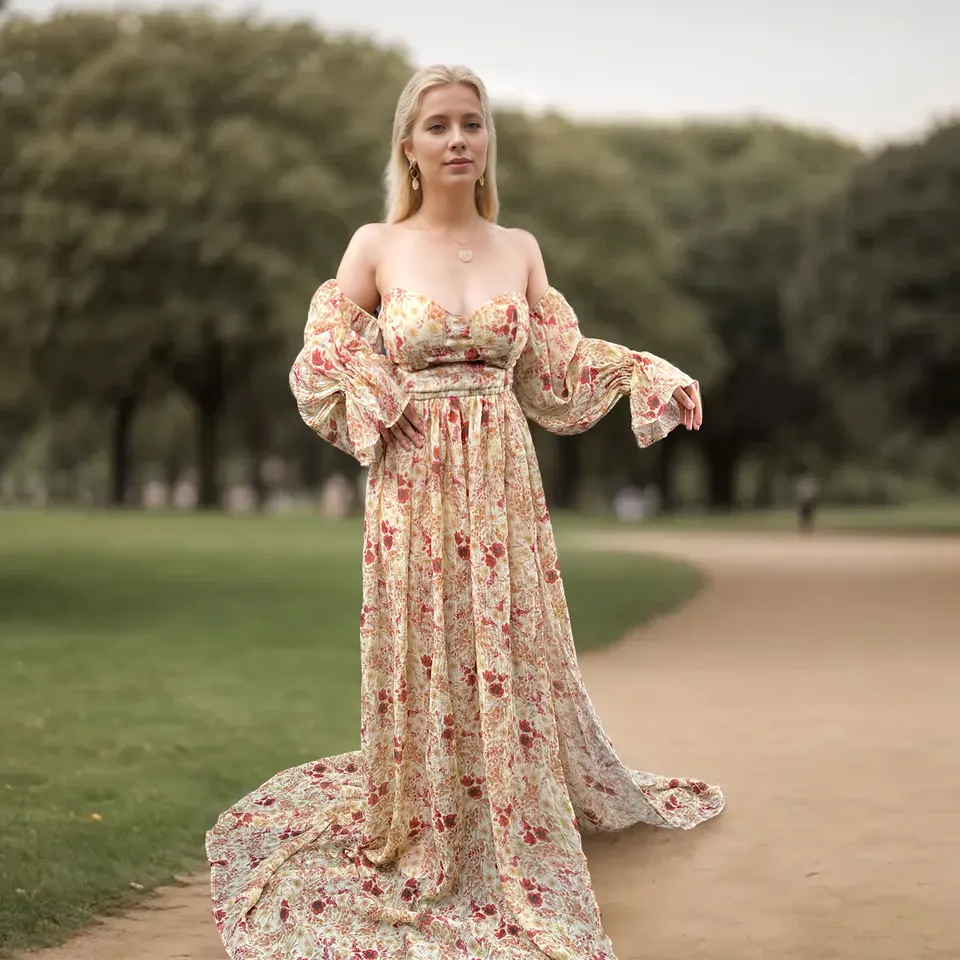 Mimo ramena kvetinové šifónové materské šaty na fotenie bočná štrbina boho večerné párty šaty šaty pre bábätko