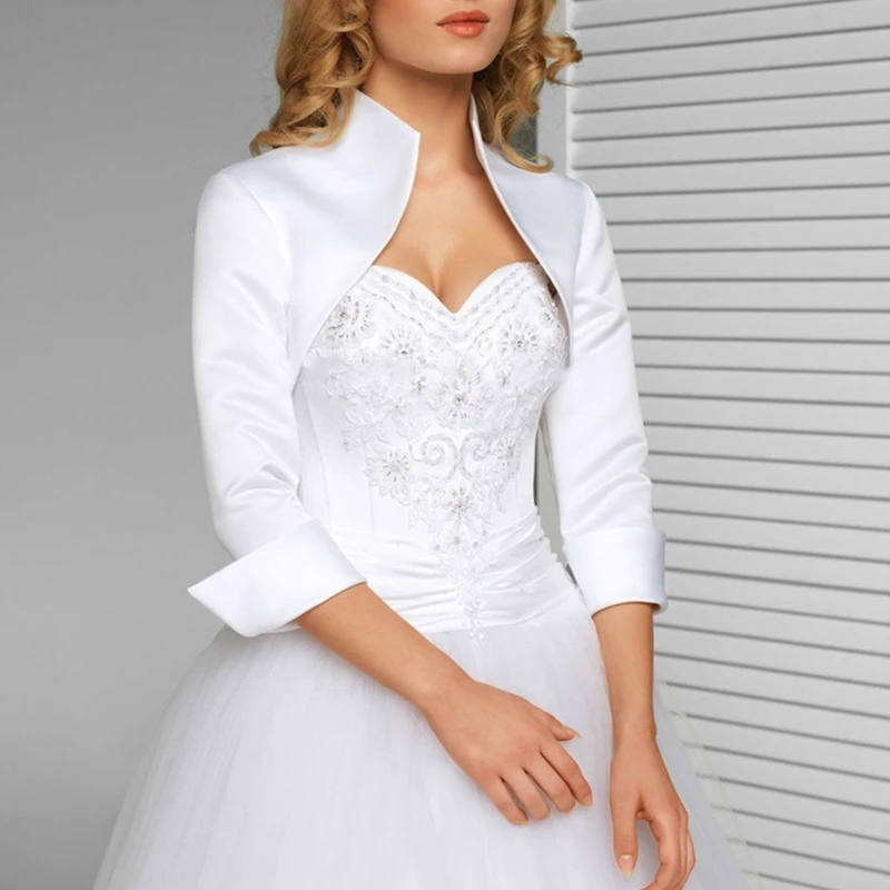 Mingli Tengda Stain nevesta Bolero pokrčte plecami pre ženy Stand-up Stola Stola Svadobná bunda 3/4 rukávy Cape Svadobná Polly na mieru vyrobená