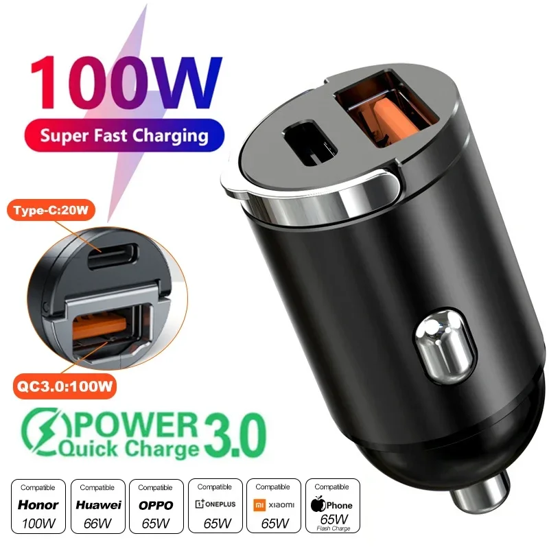 MINI 100W PD QC Pull Ring Rýchle nabíjanie Carger nabíjačku USB C nabíjačku automobilu pre iPhone 13 12 xiaomi Samsung Huawei