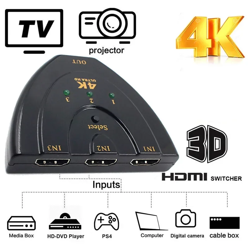 MINI 1080P HD 4K 3 Port 3 v 1 out HDMI kompatibilného štiepača 1,4b 4K*2K 3D Vyberte prepínač prepínača pre prepínače pre HDTV PS3 Xbox PS4