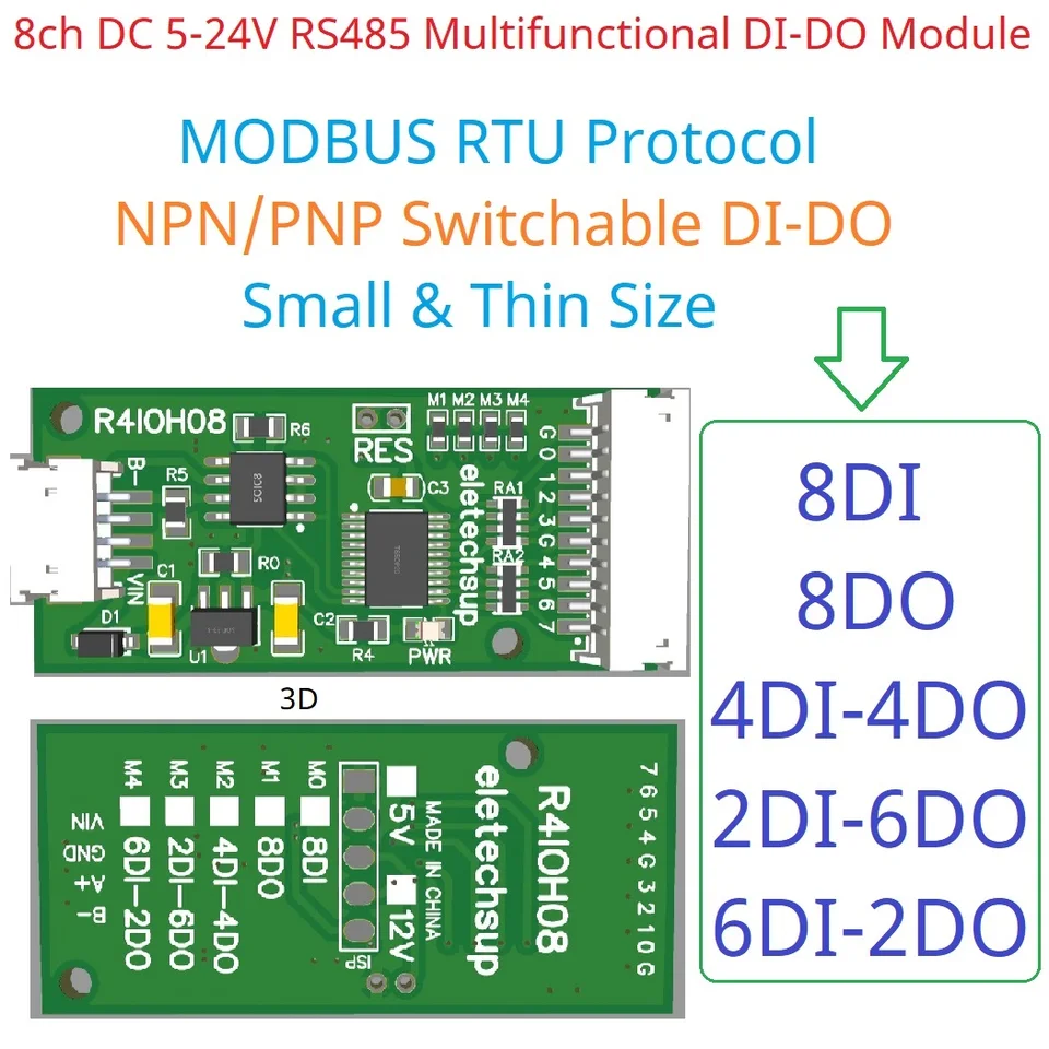 MINI 8CH RS485 Multifunkčný modul di-do digitálneho NPN PNP Vstupný výstup Modbus RTU PLC vzdialený expanzný doska DC 5V 12V 24V