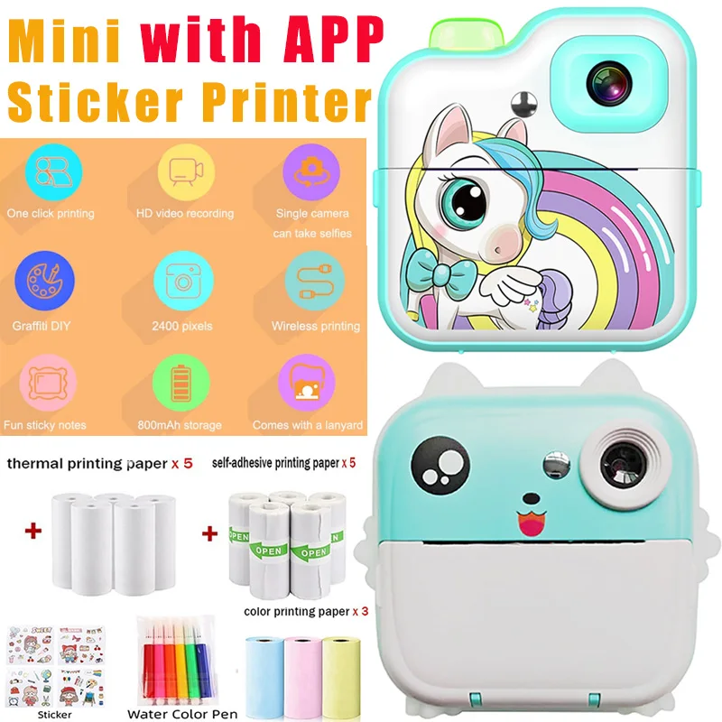 Mini App Sticker Tlačiareň, papier s tepelnou tlapou 5pc, 5PC Self-Absoly Printing Paper, 3pc farebný tlač, farebné pero a nálepka