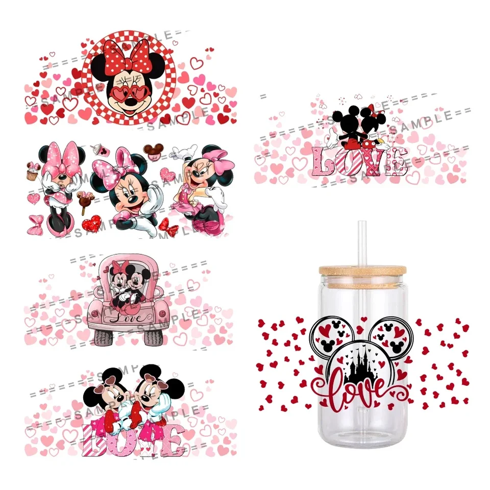 Mini Disney Mickey Minnie Valentín Téma UV DTF Transfer Sticker Vodotesné prevody pre 16oz sklenené nálepky