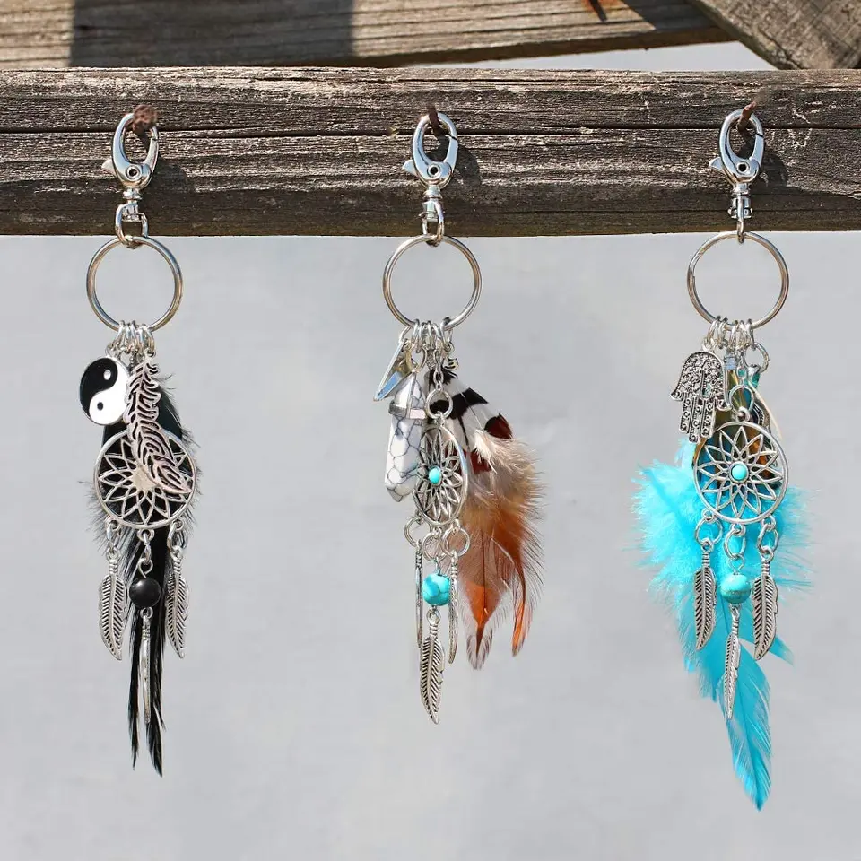 Mini Dream Catcher Keychain Hamsa Ručne krištáľové kamenné perie Key retiazka fengshui maskot boho dekorálny módny festival darček