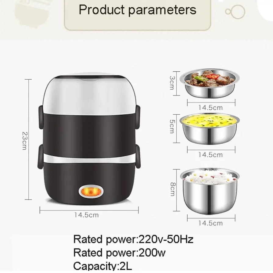 Mini elektrická ryžová variče z nehrdzavejúcej ocele 2/3 vrstvy prenosné prenosné jedlo Termálne kúrenie obedové boxy Food Cytle Warper 220V