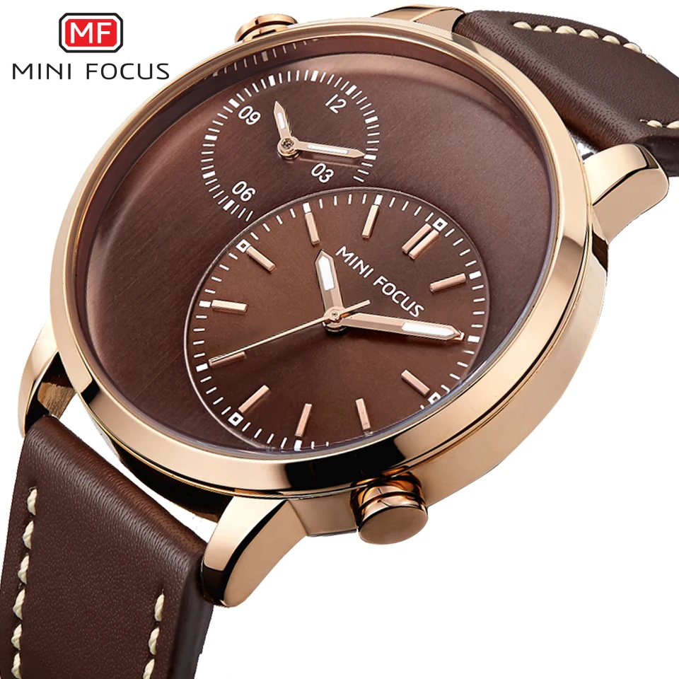 Mini Focus Men Watches Fashion Casual Man Watch Top Brand Luxury Originálne kožené autobusy 2 časové pásmo Quartz-watch náramkových hodiniek