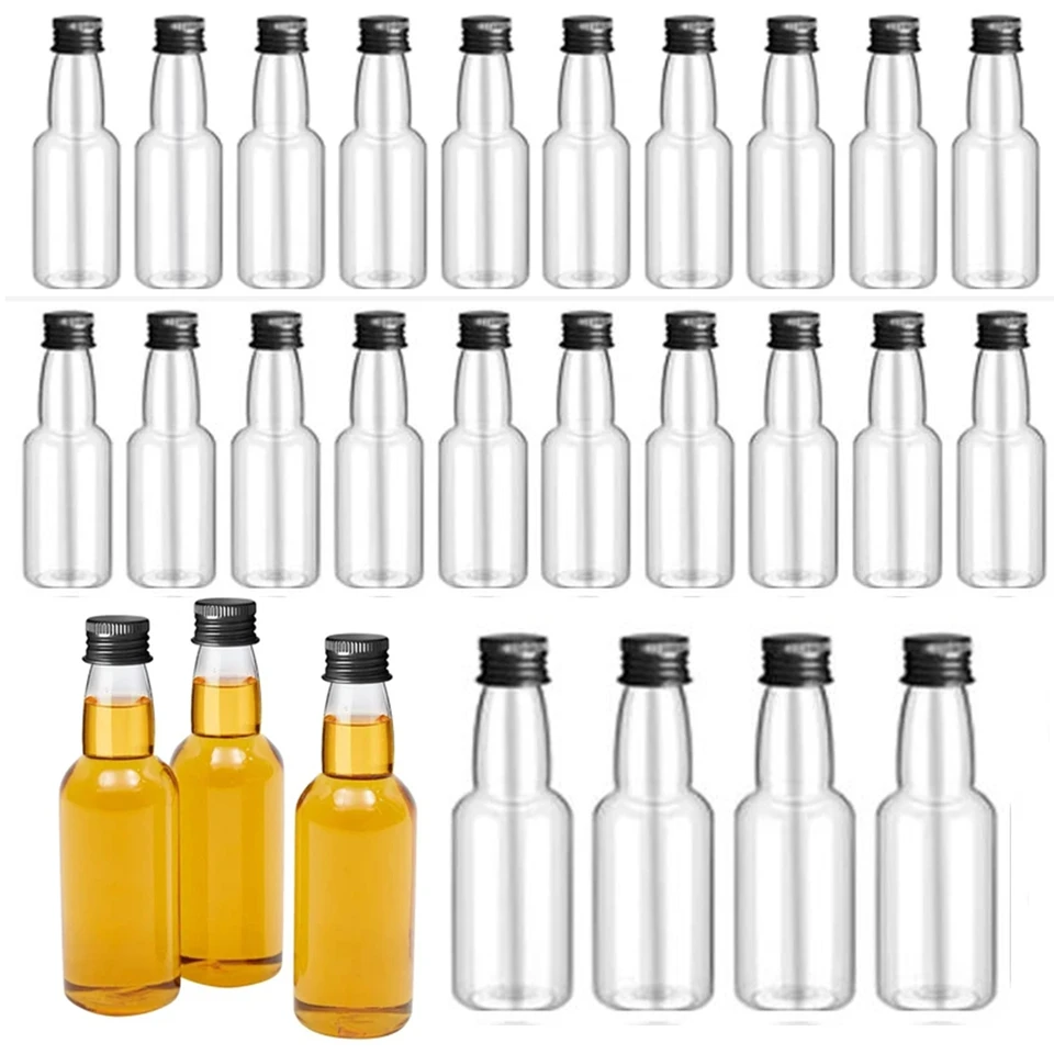 Mini fľaše s alkoholom súprava 1,7 oz /50 ml plastových duchovných fliaš čierne hliníkové čiapky