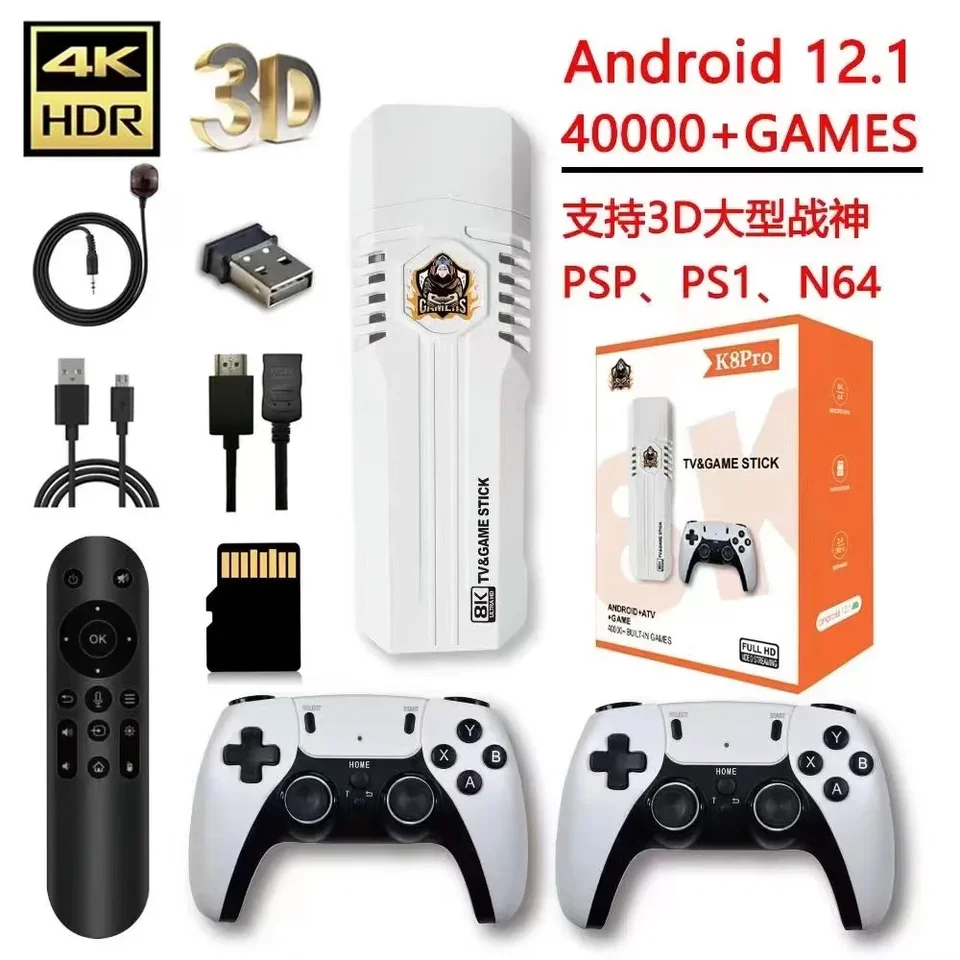 Mini K8 Pro Retro 8K HD TV Video Classic Game Stick Dual System WiFi Android12.1 ATV 3D 40000+ Games Console Wireless 2.4G