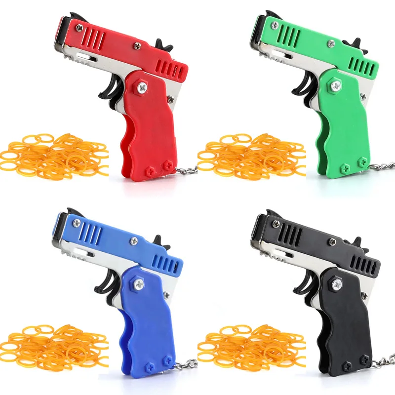 Mini Keychain Rubber Band Gun Toy Metal Skladacie gumové spúšťače hračky na streľbu pištoľ pre deti outdoor aktivity Party hra
