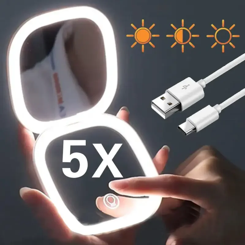 Mini kompaktné LED make -upové zrkadlo so svetlom 5x Zväčšovanie s malými vreckovými prenosnými cestovnými ružovými čiernymi skladacími kozmetickými zrkadlami
