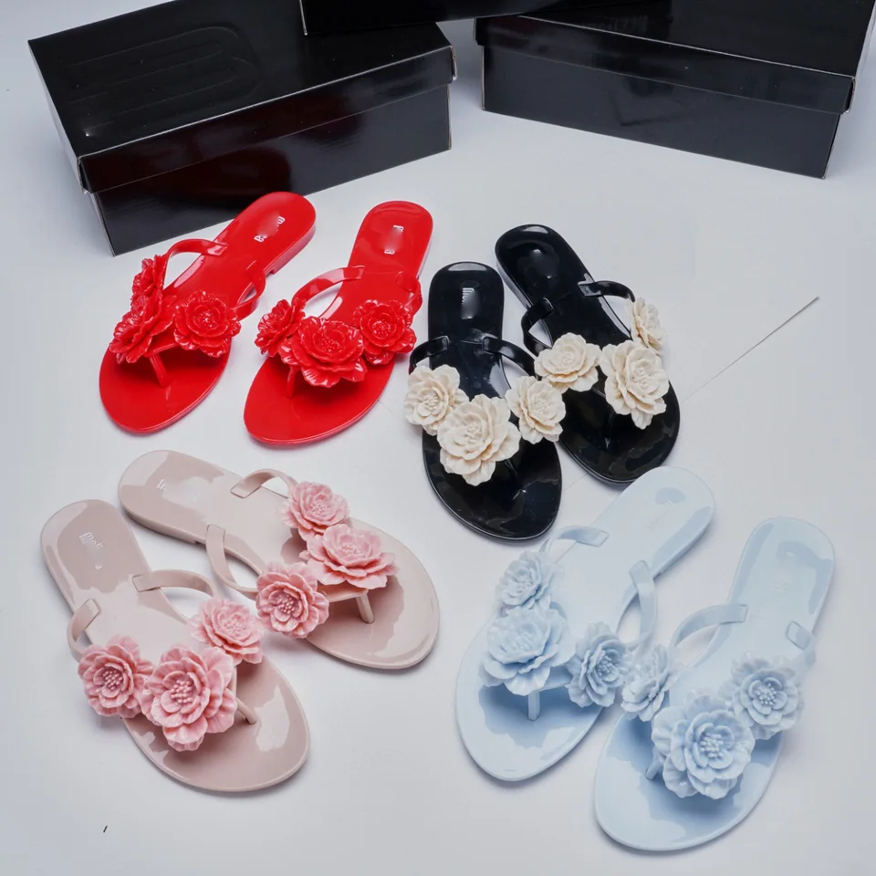 Mini melissa letné papuče vonkajšie pláž Flip-flops roztomilé kvetinové výzdobu Príležitostné patričky topánky pre ženy snímky