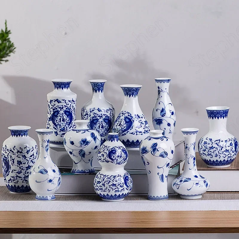 Mini modrá a biela porcelánová váza ručne maľovaná hydroponika keramické kvetinové vázy kancelárske stolné kvetináče dekoratívne ornament