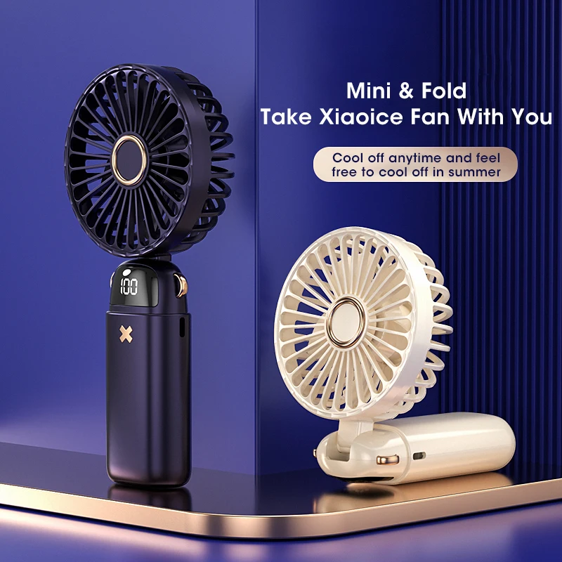 Mini prenosný ventilátor ručného zloženého stolového stolného stolného ventilátora 3000 mAh s redukciou šumu šnúry silné displej vetra napájanie päť úrovní