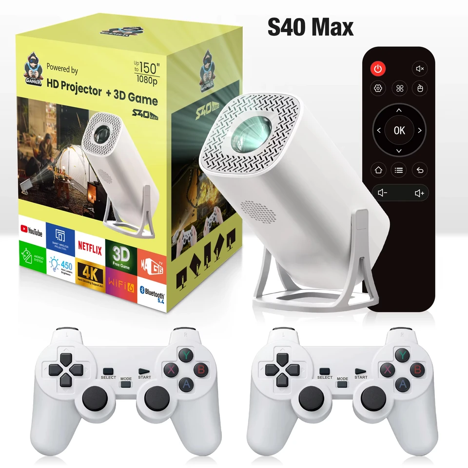 Mini projektor S40 Max Emulátor hry bezplatný štýl domáce kino 1080p Video podporované 720p Outdoor Beamer Android 11.0 OS