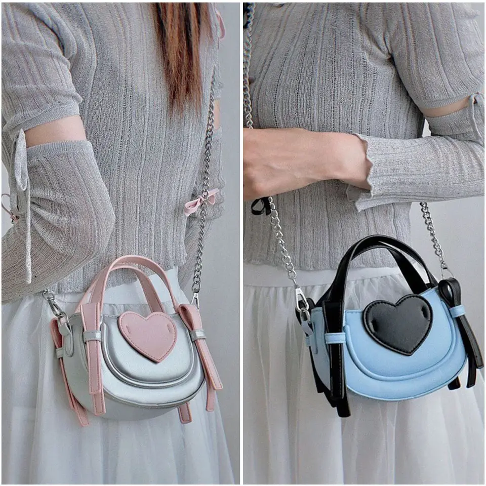 Mini Pu Leather Crossbody Bag Bow Strieborné ramenné taška Láska srdca kabelka žena