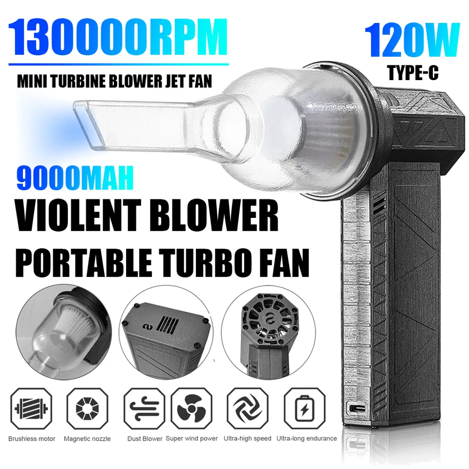 Mini Turbo Jet Ventilová súprava 130000 ot./minpm Násilný fúrka typu C ručný motor bez kefy 9000 mAh 120W Compressed Air Duster Cleaning ventilátor