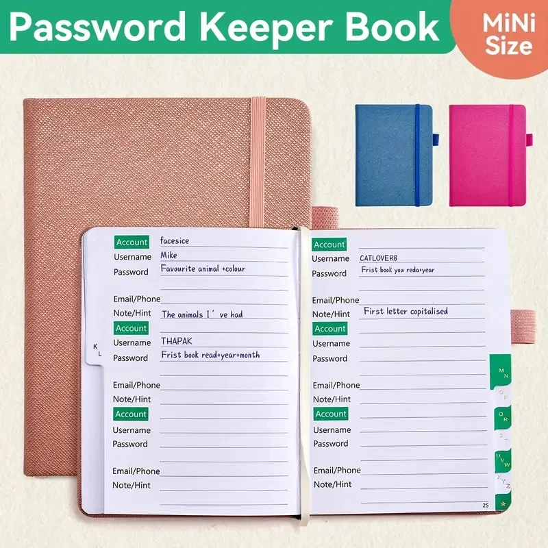 Mini veľkosť notebook PU Hardcover Notepad Heslo Book s abecednými kartami Notebooks Písanie podložky