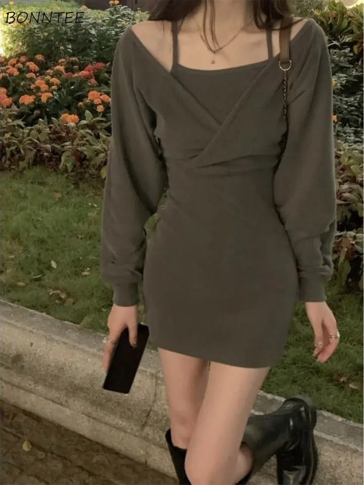 Mini šaty s dlhým rukávom Mini šaty Falošné 2 kusy jednoduchý dizajn jemný nový jesenné streetwear Elegantný francúzsky štýl populárny elegantný vestidos
