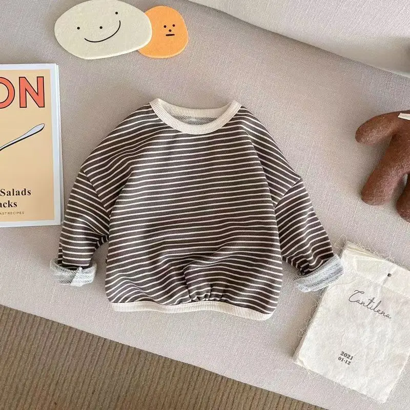 Miniainis Spring New Girls Striped Hoodie Boys Tričko Chlapci Deti voľné dlhé rukávy O-krk vrcholy detské bavlnené oblečenie 1-8 rok