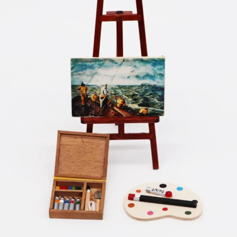 Miniatúrny dekor 1/12 Doll House Paintbox Paintbox Easel Palete Art Scene Scene Decanhouse Accessories