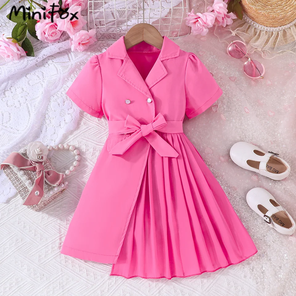 Minifox 2pcs Elegantné dievčatá Blazer Dress Summer Belted Lapel Nepravidelné šaty pre dievčatá oblečenie 2024 Trendy Children Dayses