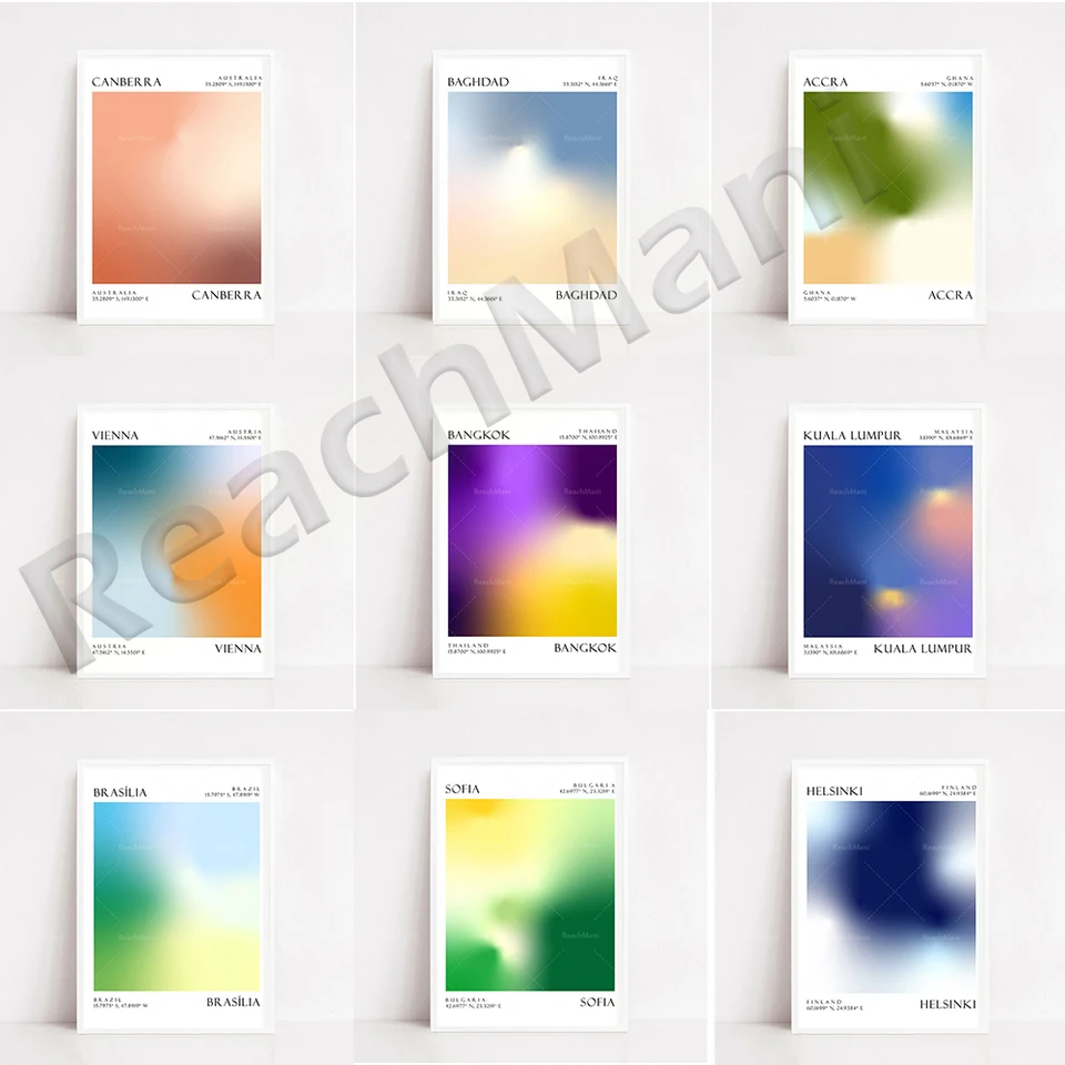 Minimalistický cestovný plagát pre Gradient pre Helsin, Rakúsko, Accra, Ghana, Izrael, Bulharsko, Afganistan, Irak, Bangkok, Kuala Lumpur