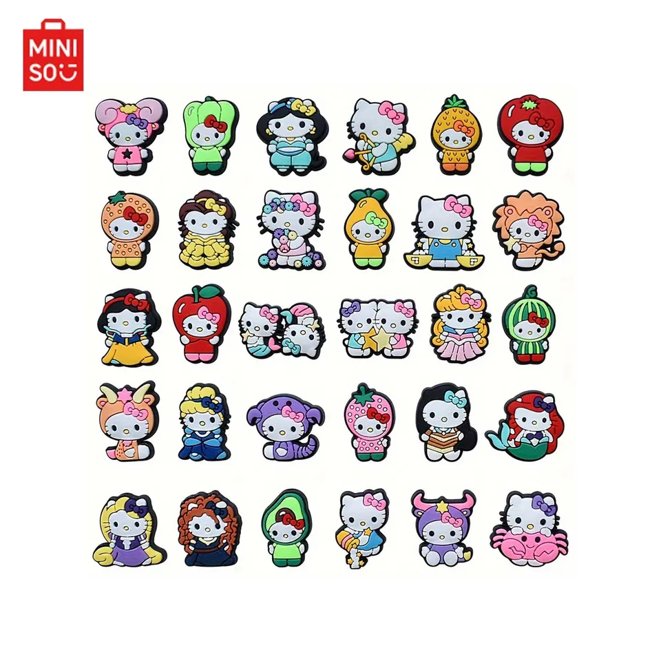 Miniso 30ks ovocie Hello Kitty Shoe Charms Set pre dreváky vrecká Bubble Slides Sandals, PVC Decortions Decortions Beach Bag Accessories