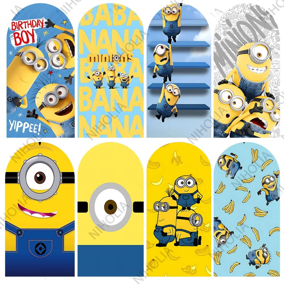 Miniso Cartoon Minions Arch Photo pozadie Kids Kardij narodeninové oslava Photo pozadia bábätko Dvojnásobná látka Foto Booth Prop