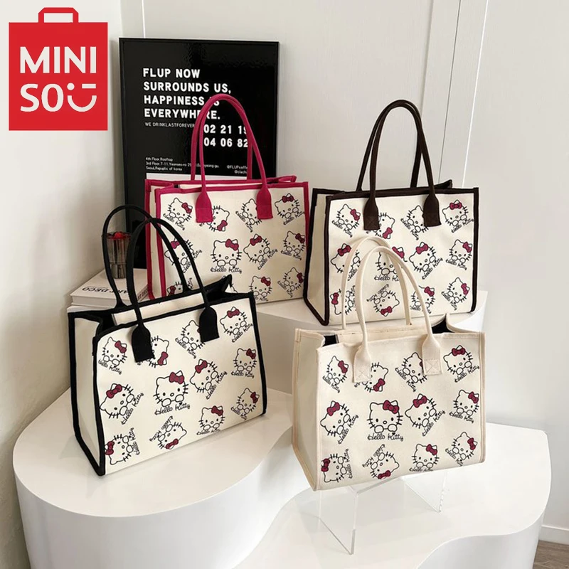 Miniso Hello Kitty Cartoon Canvas Bag Fashion Casy Vestrabilná kabelka Veľká kapacita Jedno rameno tote taška