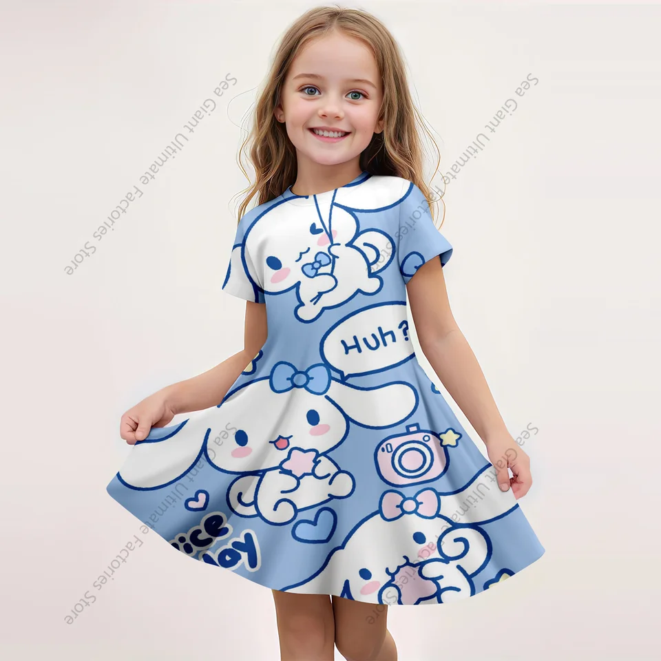 Miniso nové letné dievčatá šaty módne karikatúra roztomilý Cinnamoroll & Hello Kitty 3D tlačia