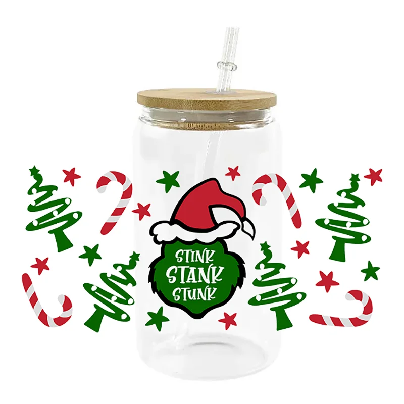 Miniso Nový dizajn karikatúry Vianočné UV DTF Santa Decal Wrap pre 16oz Libbey Glass Can Coup Uvdtf Coffee Car Cupenie DIY
