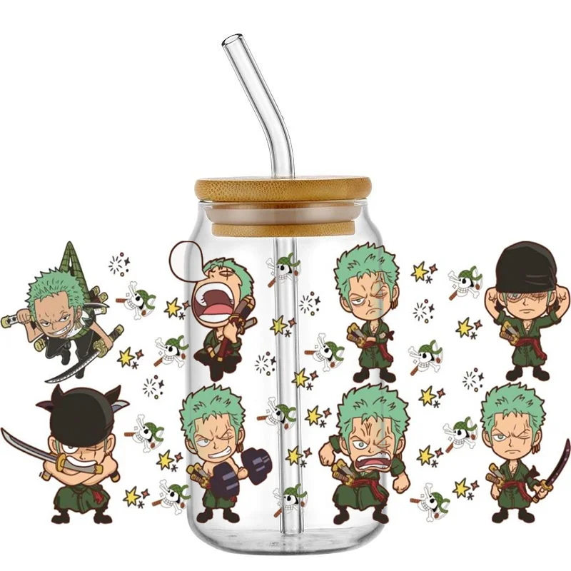 Miniso One Piece Friends Luffy a Zoro Pattern Uv DTF Wraps Transfer Sticker DIY pre 16os