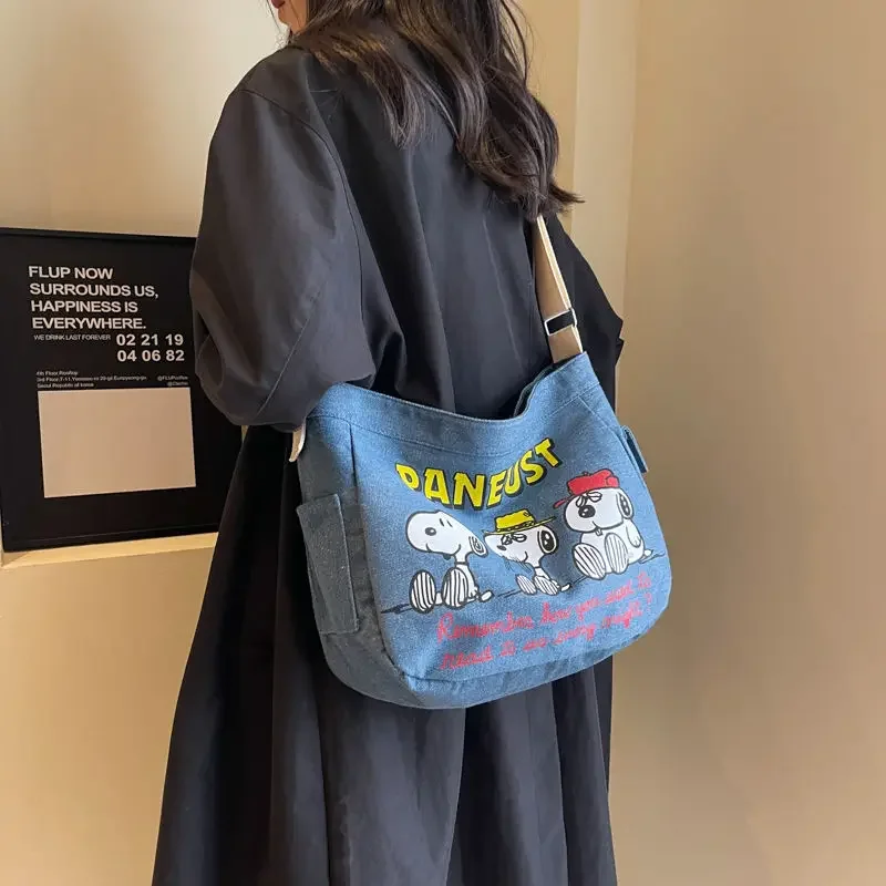 Miniso snoopy džínsové ramenné taška pre ženy kawaii luxusná dizajnérska kabelka veľká kapacita odolná kvalita kvalitnej kabelky Crossbody Bag